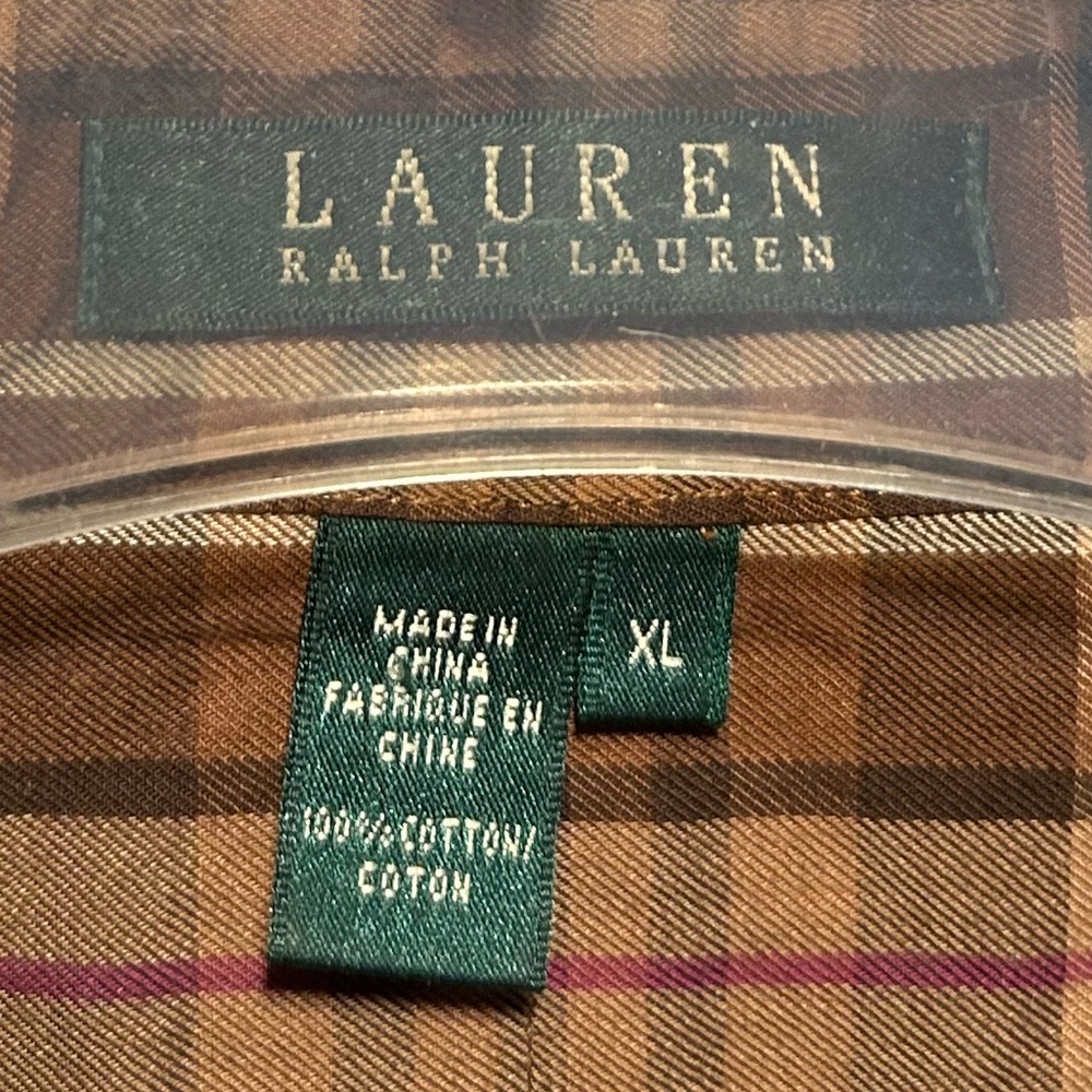 Lauren Ralph Lauren Brown, Tan, Green, Red and White Plaid Ruffled Shirt - Picture 8 of 16
